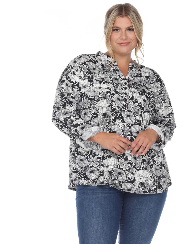 Front of a model wearing a size 4x Pleated Long Sleeve Floral Print Blouse in Black by White Mark. | dia_product_style_image_id:247204